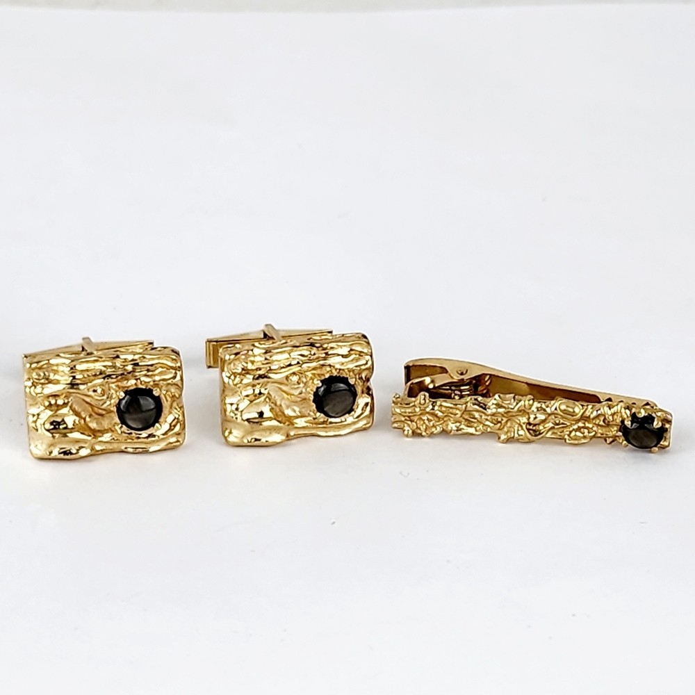Set of 14K Yellow Gold Black Star Sapphire Rectangle Nugget Cufflinks & Tie Clip - Picture 2 of 8